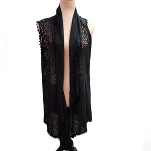 Black cotton crochet lacy long Open front vest